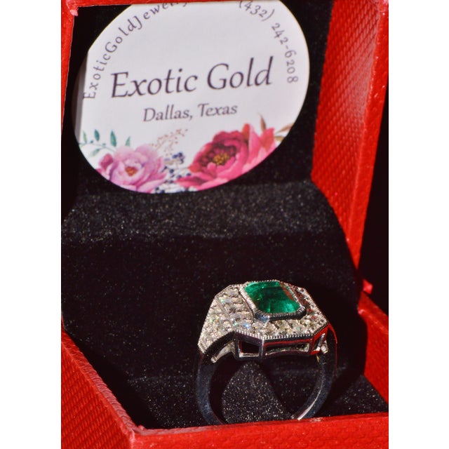 Gia Certified 3.98ct Natural Zambian Emerald & Diamond Tiered Halo Milgrain 18k White Gold Ring, Size 6.5 For Sale - Image 15 of 16