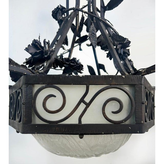 French Art Deco Wrought Iron, Glass Chandelier, Muller Freres Attributed, C1930 For Sale - Image 4 of 13