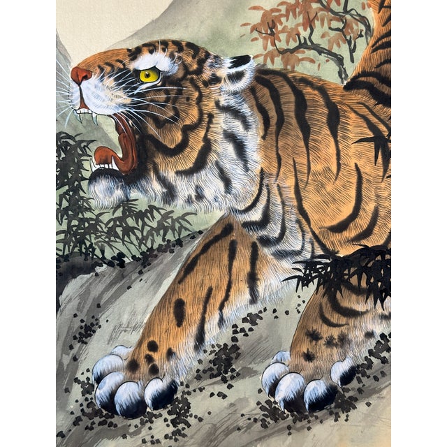 Pair of Signed Chinese Tiger Scroll Paintings, Ink on Silk, Ca. 1960 For Sale - Image 4 of 12