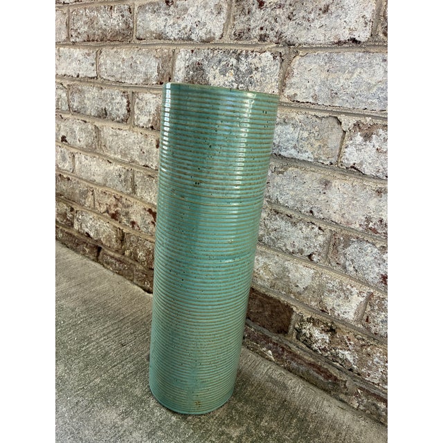 Transitional Tall Ribbed Pottery Vase, Turquoise For Sale - Image 3 of 13