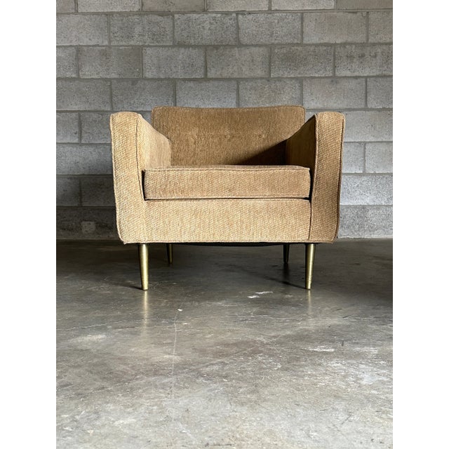 Vintage Edward Wormley for Dunbar Brass Leg Lounge Chairs and Ottoman, Unmarked - 3 Pieces For Sale - Image 9 of 13