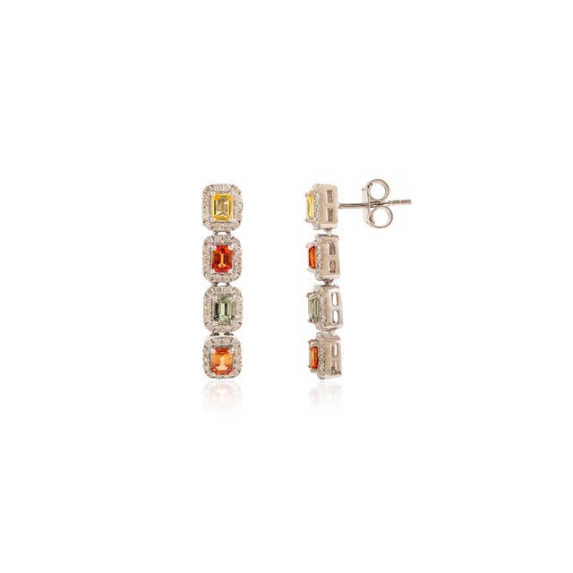 Not Yet Made - Made To Order Multi Sapphire Drop Earrings in Halo Diamond Jewelry for Girlfriend- A Pair For Sale - Image 5 of 9