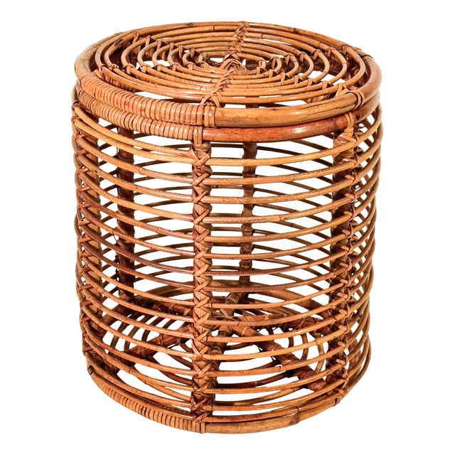 French Riviera Style Rattan Stool or Basket by Tito Agnoli, Italy, 1970s For Sale