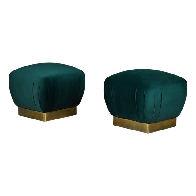 Pair of Marge Carson Green Velvet Poufs For Sale