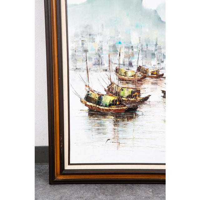 Mid Century Modern Original Art Boat Sailboat White Green Oil Canvas Signed Nm For Sale In Sacramento - Image 6 of 11