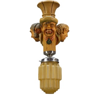 Art Deco Style Hand-Carved Wooden and Glass Pendant Light For Sale