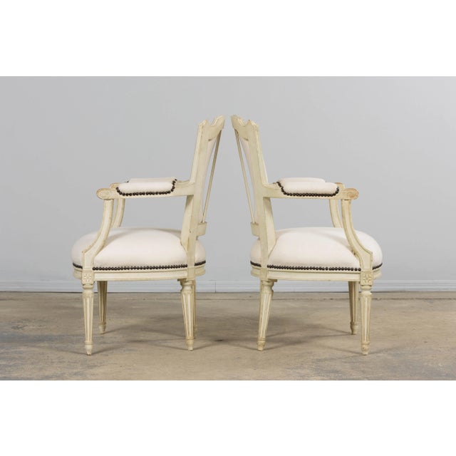 Antique French Louis XVI Painted Armchairs in Off-White Wool - A Pair For Sale - Image 11 of 18