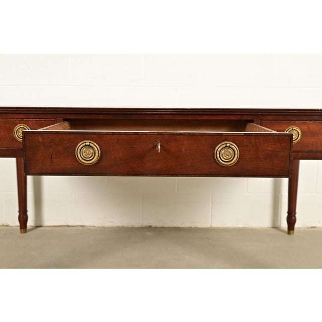 Brown Baker Furniture Stately Homes Collection English Regency Carved Mahogany Leather Top Partner's Desk For Sale - Image 8 of 18