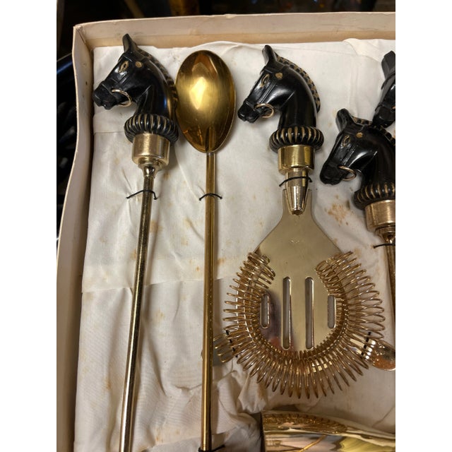 1950s 50s/60s Fathers Brass Hermes-Style Horse Head Barware Set- 6 Pieces For Sale - Image 5 of 8