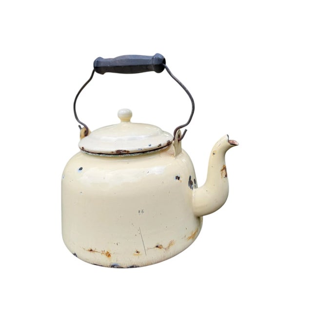 Offering a kettle curated for its rustic antique aesthetic for use as decor or planting indoors or out. An authentically-...
