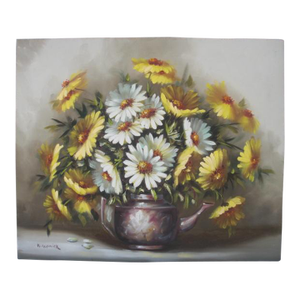 Mid Century Modern Impressionst Abtract Floral Still Life Yellow and White Daisies in a Teapot