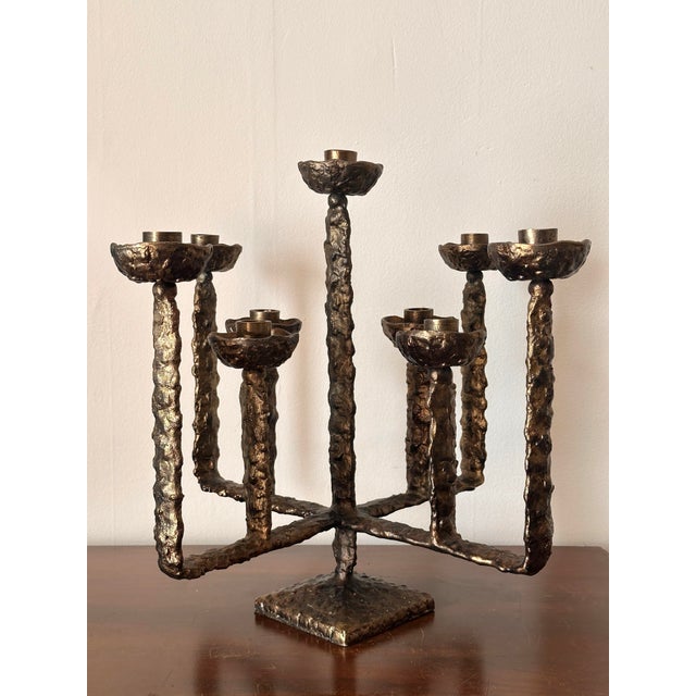 Vintage Brass Brutalist 9 Candle Candleabra 18 X 18 X 18, in the Style of Pieter Adam For Sale - Image 10 of 11