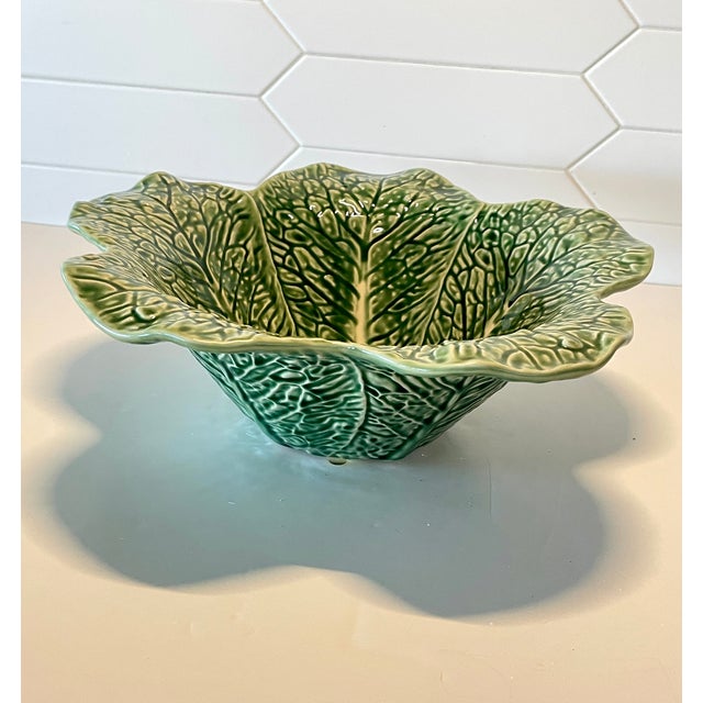 Green Vintage Portuguese Bordallo Pinheiro Cabbage Ware Deep Serving Bowl For Sale - Image 8 of 9