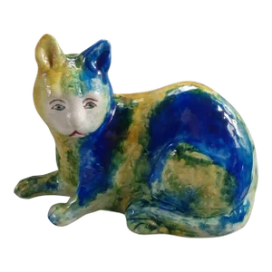 Mid Century Italian Majolica Blue, Green, Yellow Ceramic Cat