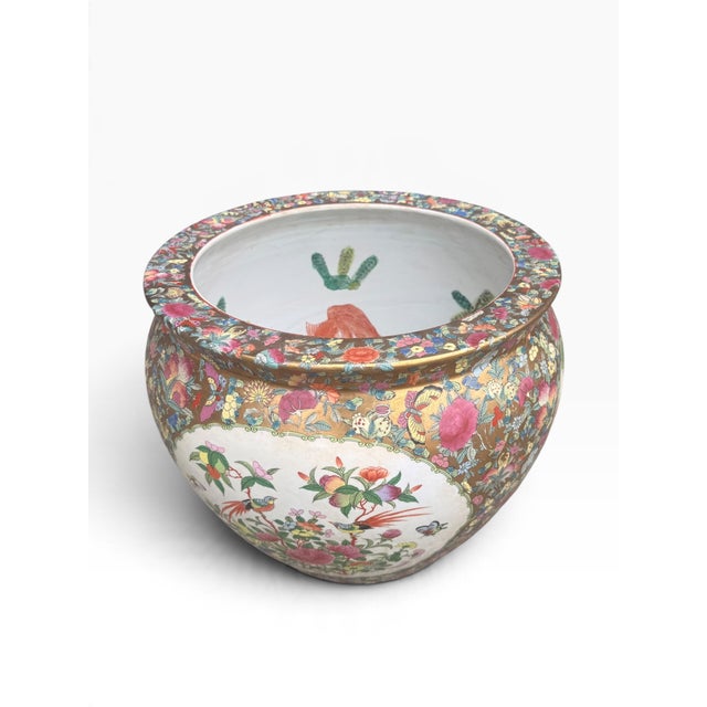 Chinoiserie Vintage Chinese Famille Rose Gilt Porcelain Fishbowl Planter With Floral and Bird Motifs For Sale - Image 3 of 14