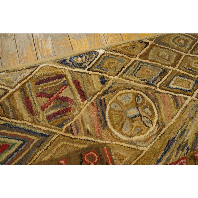 Textile 1870s Brown Geometric Folk Art Antique American Hooked Rug 3'1" X 6'1" Inscription Wool Carpet For Sale - Image 7 of 11
