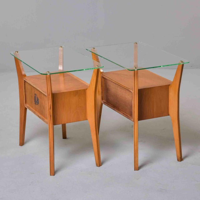 Pair of Italian Mid-Century Blonde Walnut Bedside Tables With Elevated Glass Tops For Sale - Image 12 of 12