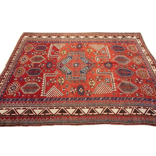 Textile 1900s Red Vibrant Field Antique Caucasian Tribal Geometric Akstafa Kazak Rug For Sale - Image 7 of 9