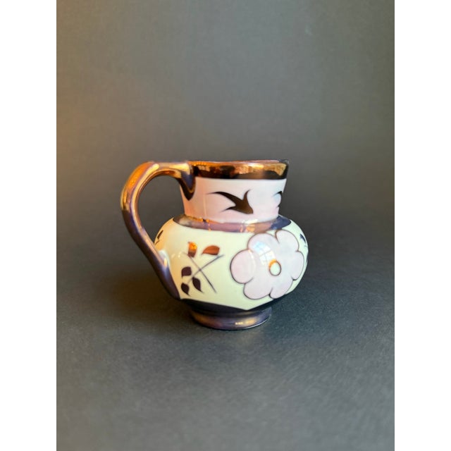 1940s 1940s English Copper Lustre Pitcher, Creamer With Pink Floral Design For Sale - Image 5 of 8