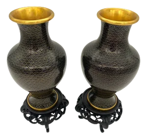 Chinese Black & Gilt Brass Fish Scale Cloisonné Vases, with Stands - a Pair