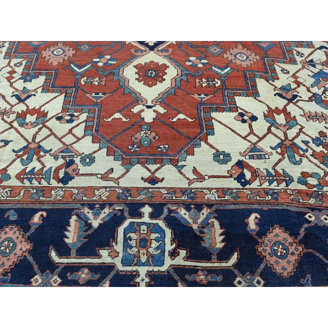 1890 Antique Persian Serapi Rust & Navy Medallion Rug For Sale - Image 10 of 13