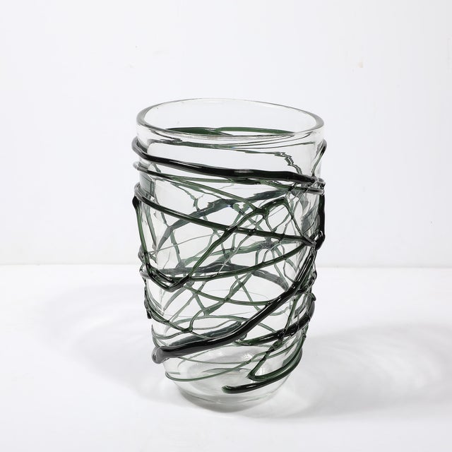 Modern Hand-Blown Murano Glass Vase With Organic Viridian Green Sculptural Striations For Sale - Image 3 of 14