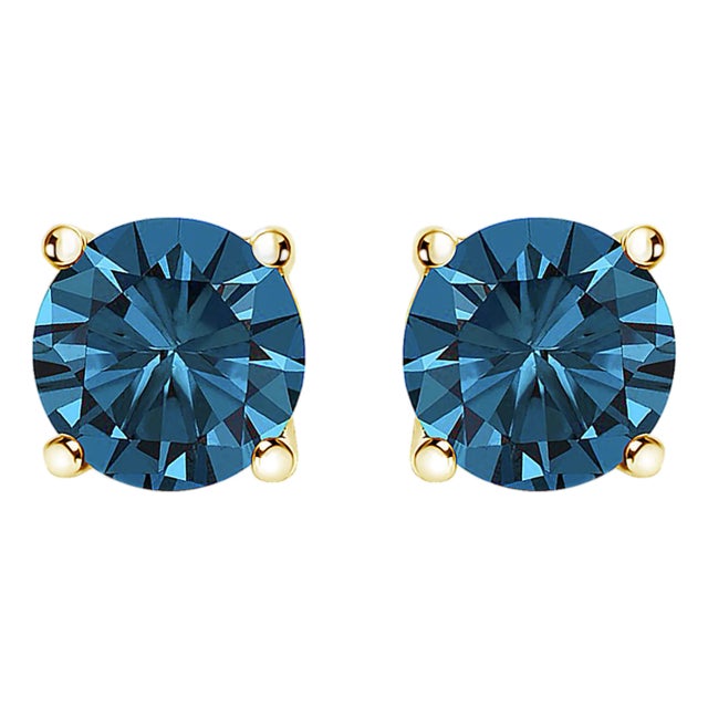 14K Yellow Gold 1/2 Cttw Round Brilliant Cut Lab Grown Blue Diamond 4-Prong Classic Solitaire Stud Earrings , A Pair For Sale