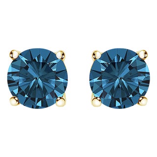 14K Yellow Gold 1/2 Cttw Round Brilliant Cut Lab Grown Blue Diamond 4-Prong Classic Solitaire Stud Earrings (Blue Color, VVS2-VS1 Clarity) For Sale