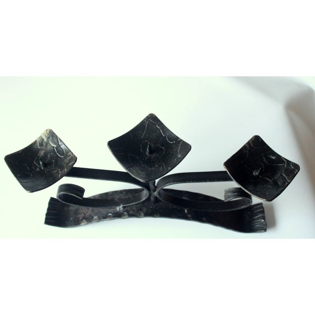 Metal 1960s Vintage - Handmade Wrought Iron 3 Arms Candle Holder For Sale - Image 7 of 7