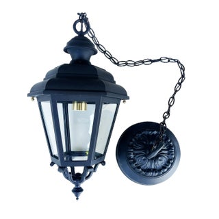 Vintage Restored Iron Pendant Lantern Light Fixture With Porcelain Sockets With Brass For Sale