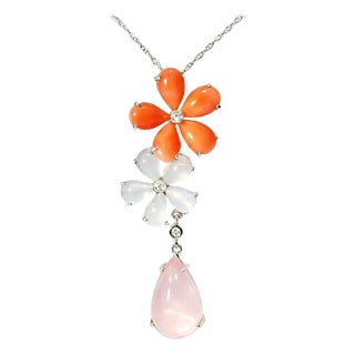 Late 20th Century 18K White Gold Diamond Coral Chalcedony Rose Quartz Pendant Necklace For Sale
