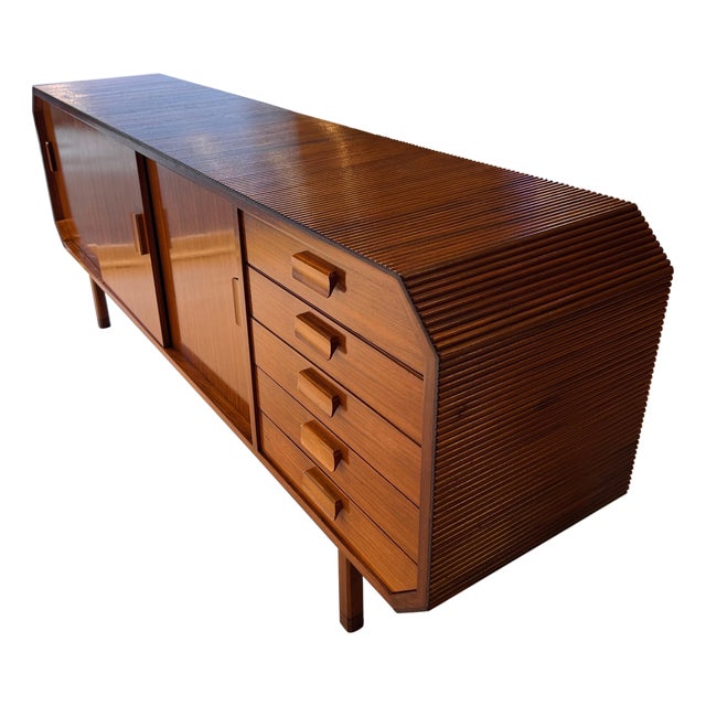Large Vintage Italian Walnut Sideboard with Pencil Reed and Curved Waterfall Edges, 1960s For Sale