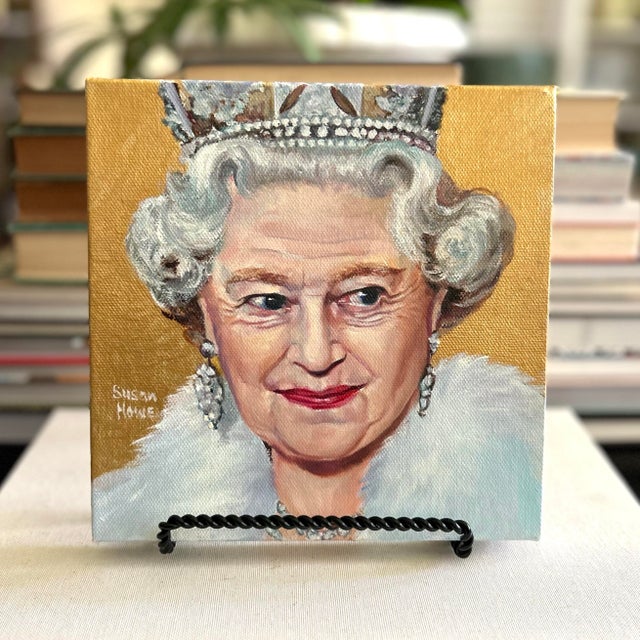 Original Queen Elizabeth II portrait painting by Susan Howe, painted on an 8” square canvas with a luminous metallic gold...