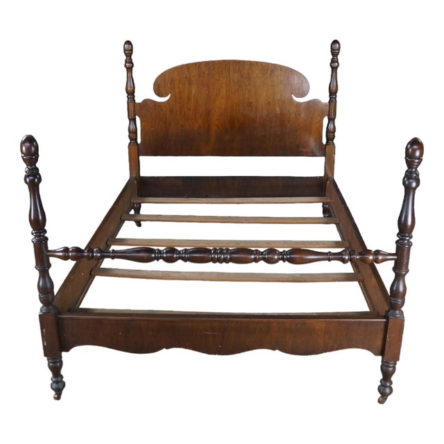 Antique Early American Colonial Style Mahogany 4 Post Acorn Finial Full Size Bed For Sale