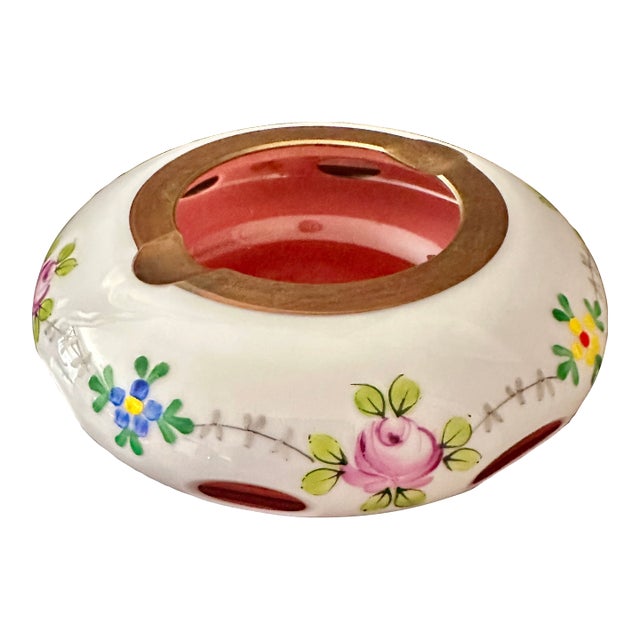 Vintage Bohemia Crystalex Art Glass Ashtray White & Pink Floral W/Gold Made in Czechoslovakia For Sale