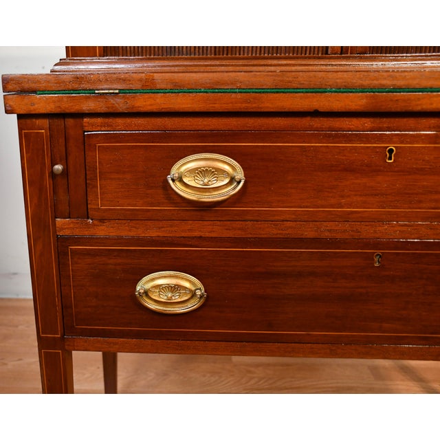 Brown 1910s Antique English Sheraton Mahogany Inlaid Writing Secretary Tambour Desk. For Sale - Image 8 of 18