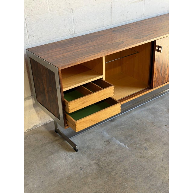 1970s In Style of Richard Young for Merrow Associates Rosewood Sideboard Credenza Chrome Base Storage Unit MCM United Kingdom 1970s For Sale - Image 5 of 10