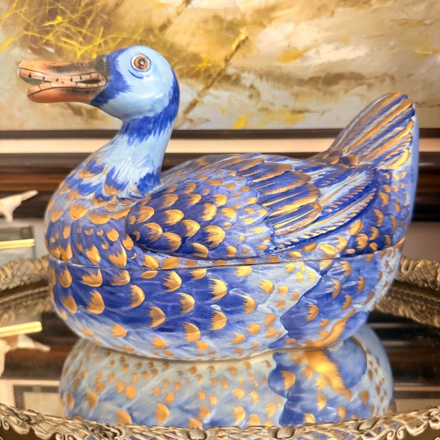 Italian Vintage Italian Blue & Gold Duck Tureen by Meiselman Imports For Sale - Image 3 of 8