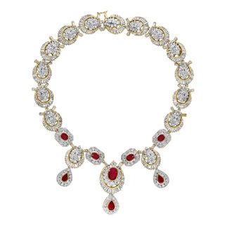 GIA Natural 8Ct Ruby & 38 Ct Diamond Necklace 18 Kt Yellow Gold 111 Grams , 18 " For Sale