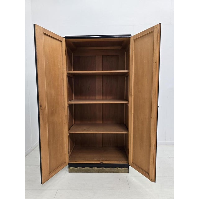 Viennese Art Deco Wardrobe in Black Lacquer with Brass Details, 1940s For Sale - Image 3 of 11