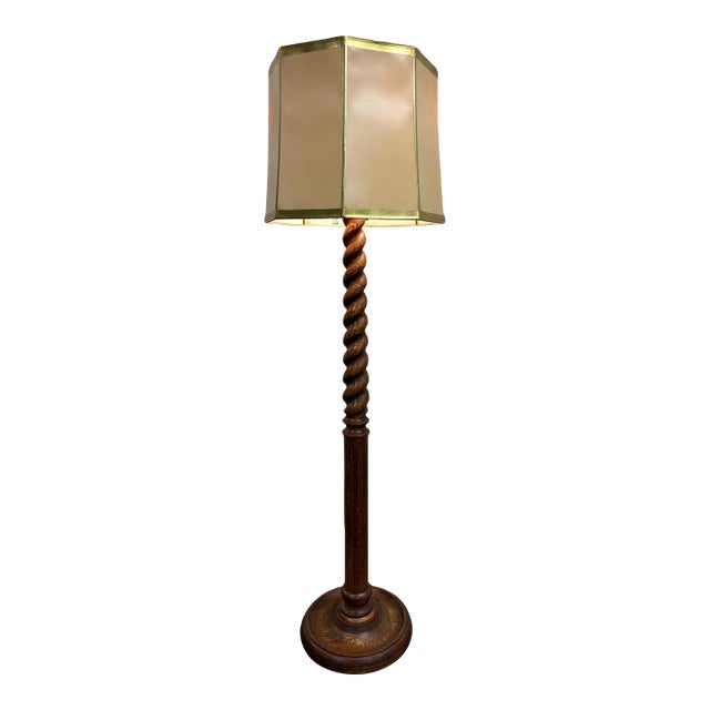 Antique American Jacobean Revival Quarter Sawn White Oak Barley Twist Floor Lamp For Sale