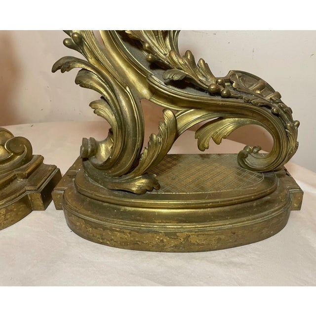 Pair of Antique 19th Century Ornate Rococo Gilt Bronze Fireplace Andirons Brass For Sale In New York - Image 6 of 15