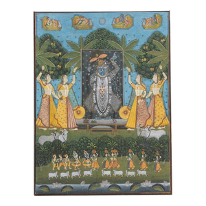 Large Vintage Krishna & Gopis Indian Devotional Painting