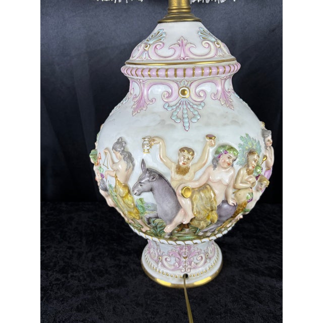 Vintage Italian Capodimonte Porcelain Table Lamp With Custom Fringe Shade - Mythological Bas Relief For Sale - Image 11 of 13