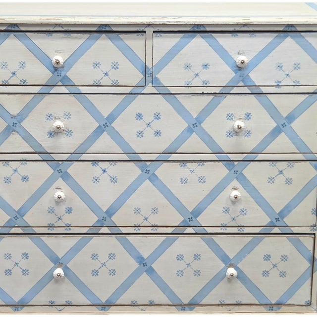 Vintage Rustic English Pine Five Drawer Dresser With Distress Painted and Stenciled Surface For Sale In Denver - Image 6 of 15