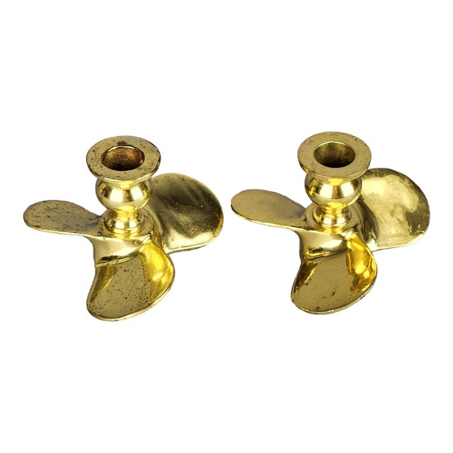 Vintage Brass Nautical Ship Boat Propeller Candlesticks -Set of 2 For Sale