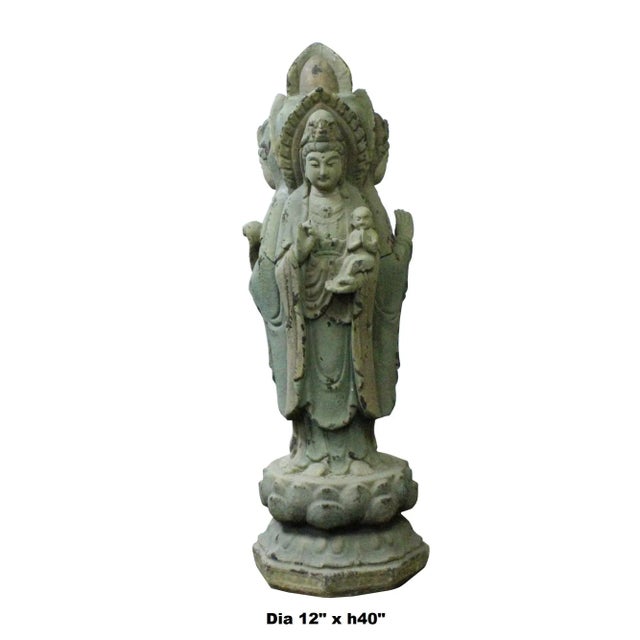 Gray Chinese Rustic Finish Wood Grayish Kwan Yin 3 Sides Statue For Sale - Image 8 of 9