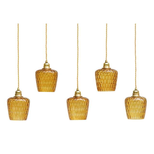Mid-Century Modern French Amber Bubble Glass Pendant Lights, 1960s, Set of 5 For Sale