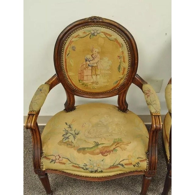 19th Century French Louis XVI Style Carved Walnut Needlepoint Arm Chairs - a Pair For Sale - Image 11 of 12