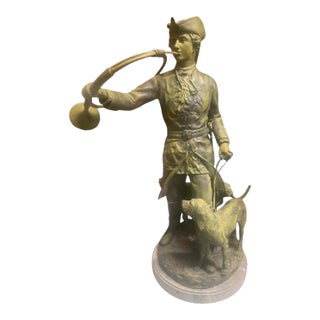 Antique-Style French Hunt Master Bronze Statue on Marble Base For Sale